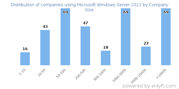 Companies using Microsoft Windows Server 2022, by size (number of employees)